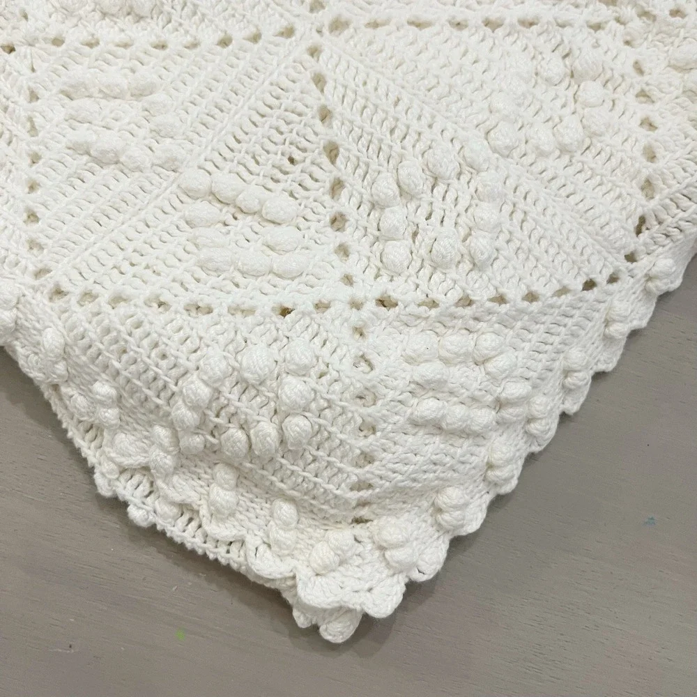 Vintage Ecru Crocheted Table/Bed Cover Popcorn Stitch Heritage Farmhouse 40x60